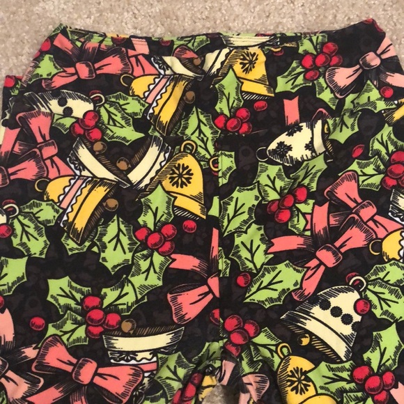 Lularoe one size leggings Christmas gifts bows bells black gold pink pants - Picture 5 of 7